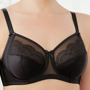 Glamorise WONDERWIRE Bra Satin & Lace UNDERWIRE (FLEXI SIDE BONES) Black 44D
